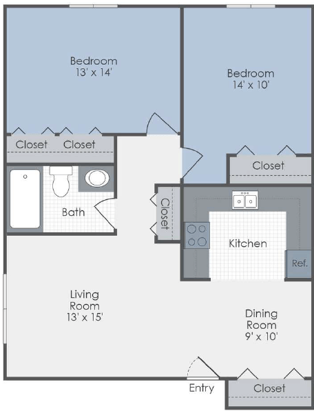 Floor plan for 2 beds, 1 bath, 825 sqft